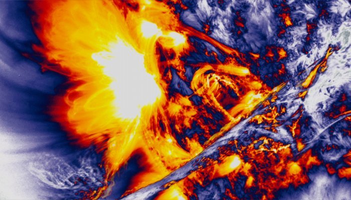 This is a gradient filter image of a solar flare caught by NASA’s Solar Dynamics Observatory (SDO). Beyond generating beautiful art, viewing the Sun in this way is very useful from a scientific perspective. The red-orange features are constrained coronal loops of solar material revealing the structure and dynamics of Sun’s magnetic field lines.